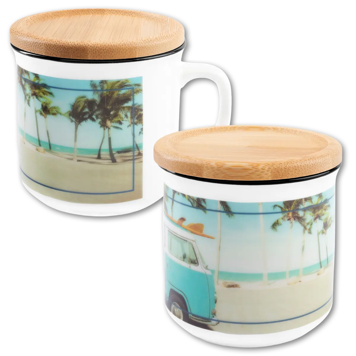 Porzellantasse im Vintage-Stil mit 320 ml und Bambusdeckel bedrucken lassen