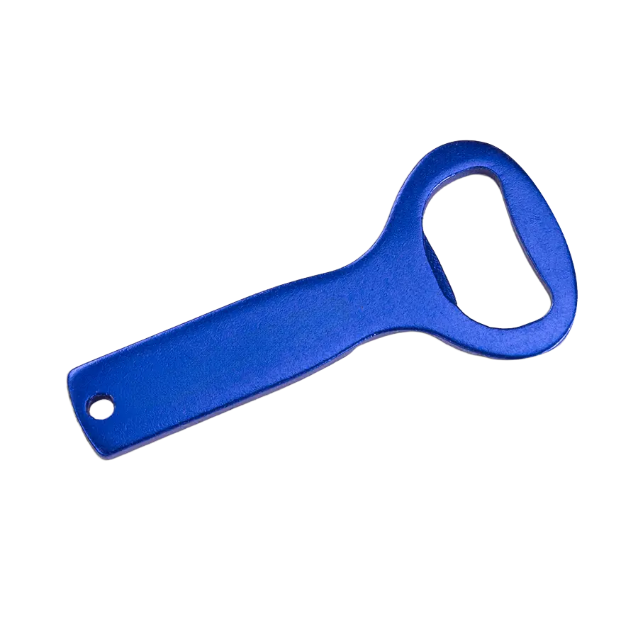 blauer Aluminium-Flaschenöffner gravieren lassen